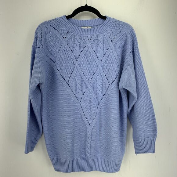 Vintage Alberoy Womens Large Cable Knit Crewneck Sweater USA 90’s Fisherman Blue - Picture 1 of 7